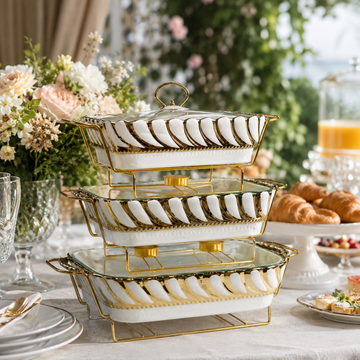 Luxury 3-Piece Geometric Gold & White Ceramic Buffet Warmer Set