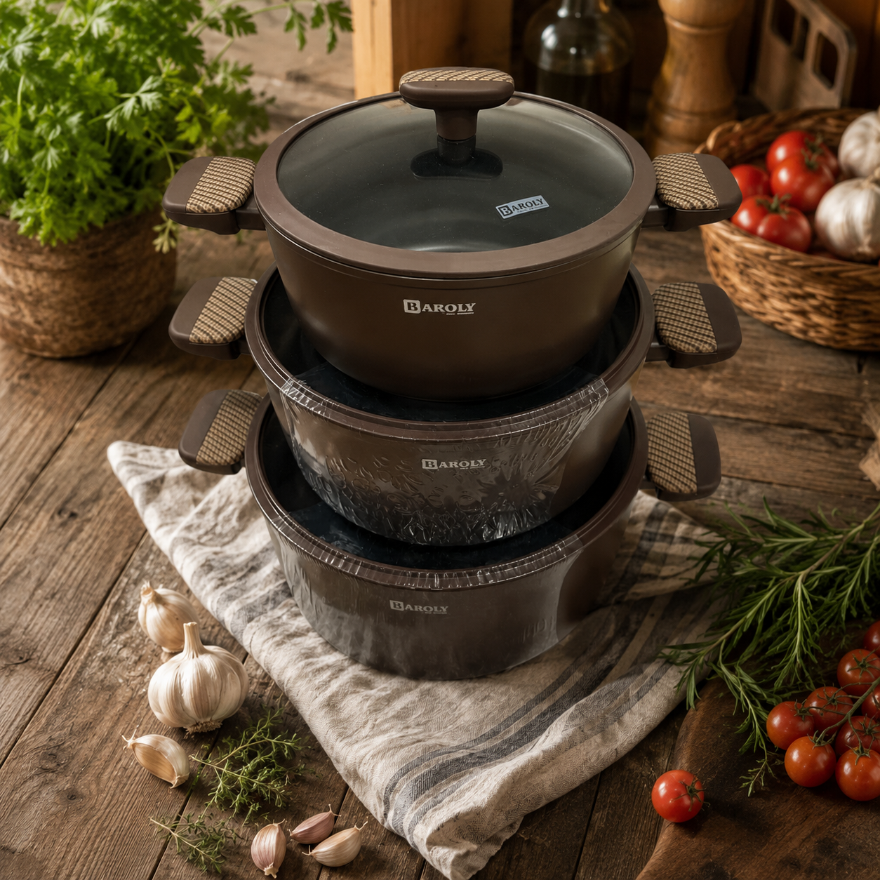 Baroly Premium Non-Stick Casserole Set with Glass Lids