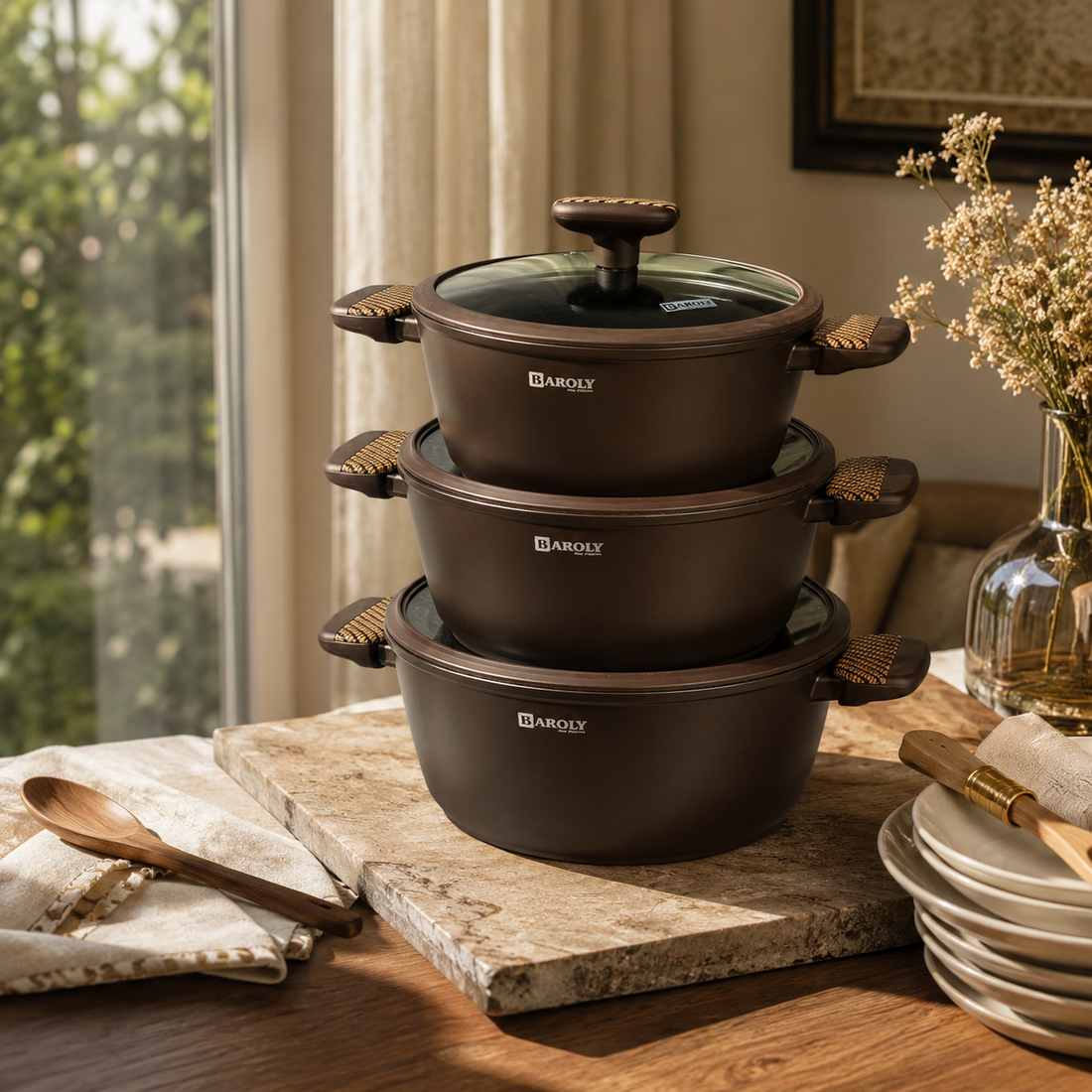 Baroly Premium Non-Stick Casserole Set with Glass Lids