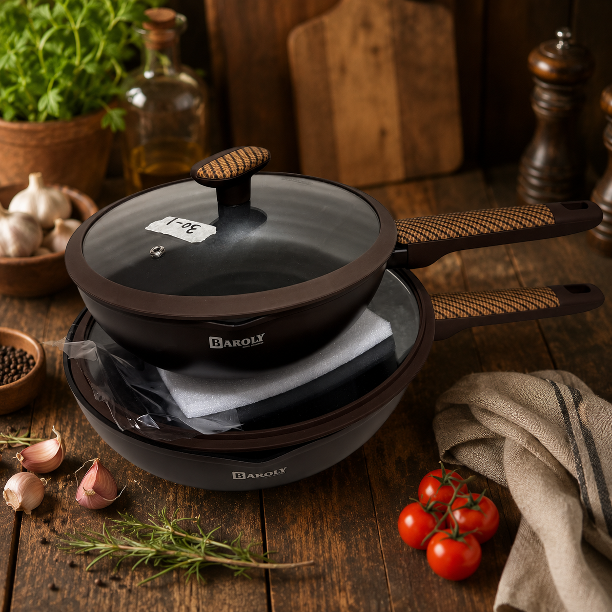 Baroly Non-Stick Wok with Glass Lid | Professional Stir-Fry & Cooking Pan