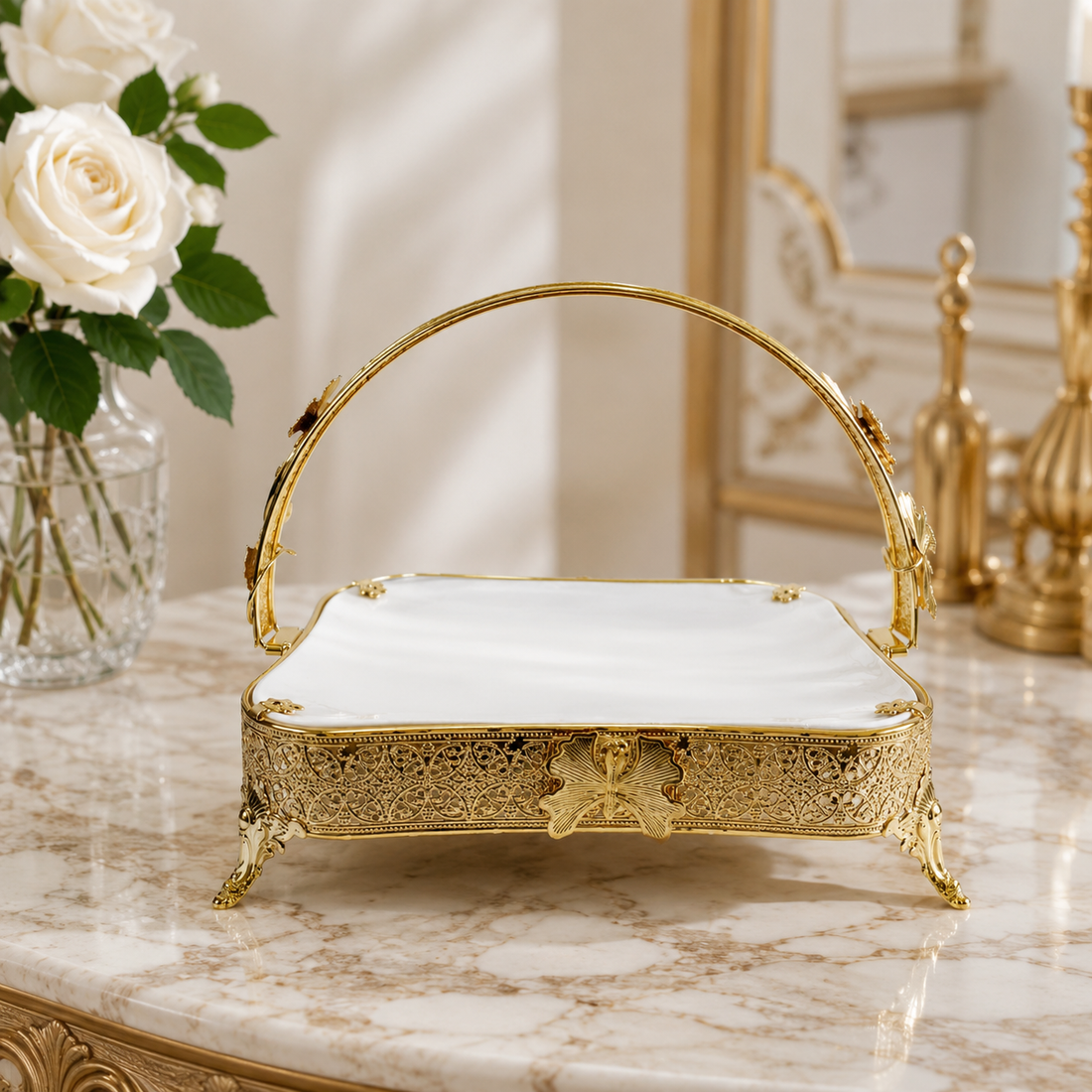Square White Ceramic Centerpiece Tray with Ornate Floral Filigree