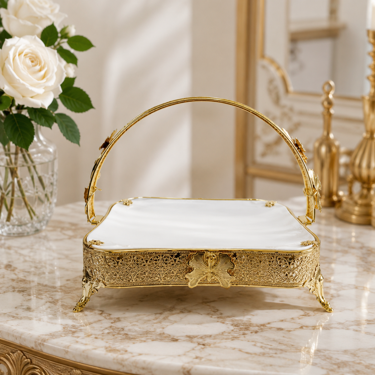 Square White Ceramic Centerpiece Tray with Ornate Floral Filigree