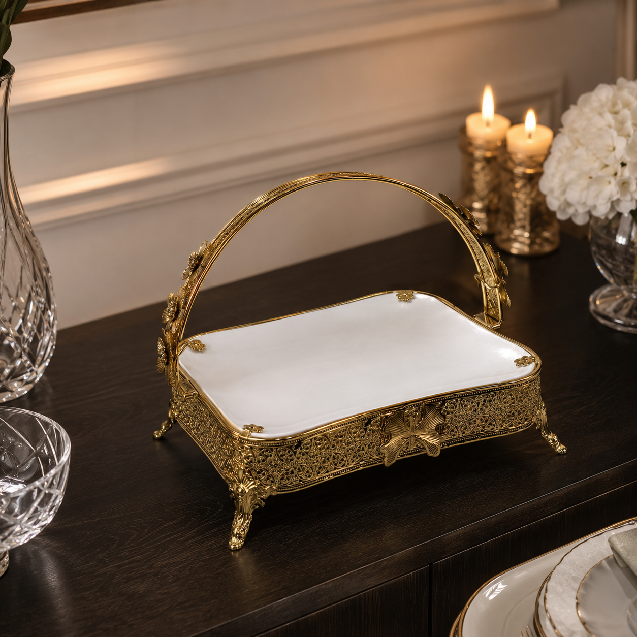Square White Ceramic Centerpiece Tray with Ornate Floral Filigree