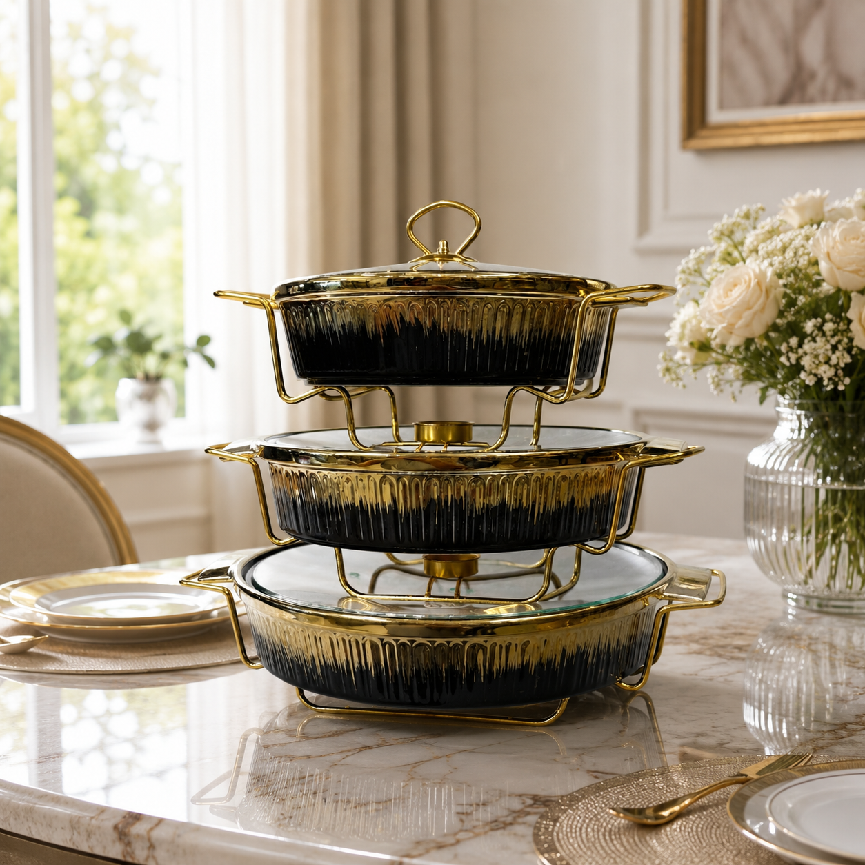 Luxury 3-Piece Ceramic Buffet Dish Set with Lids