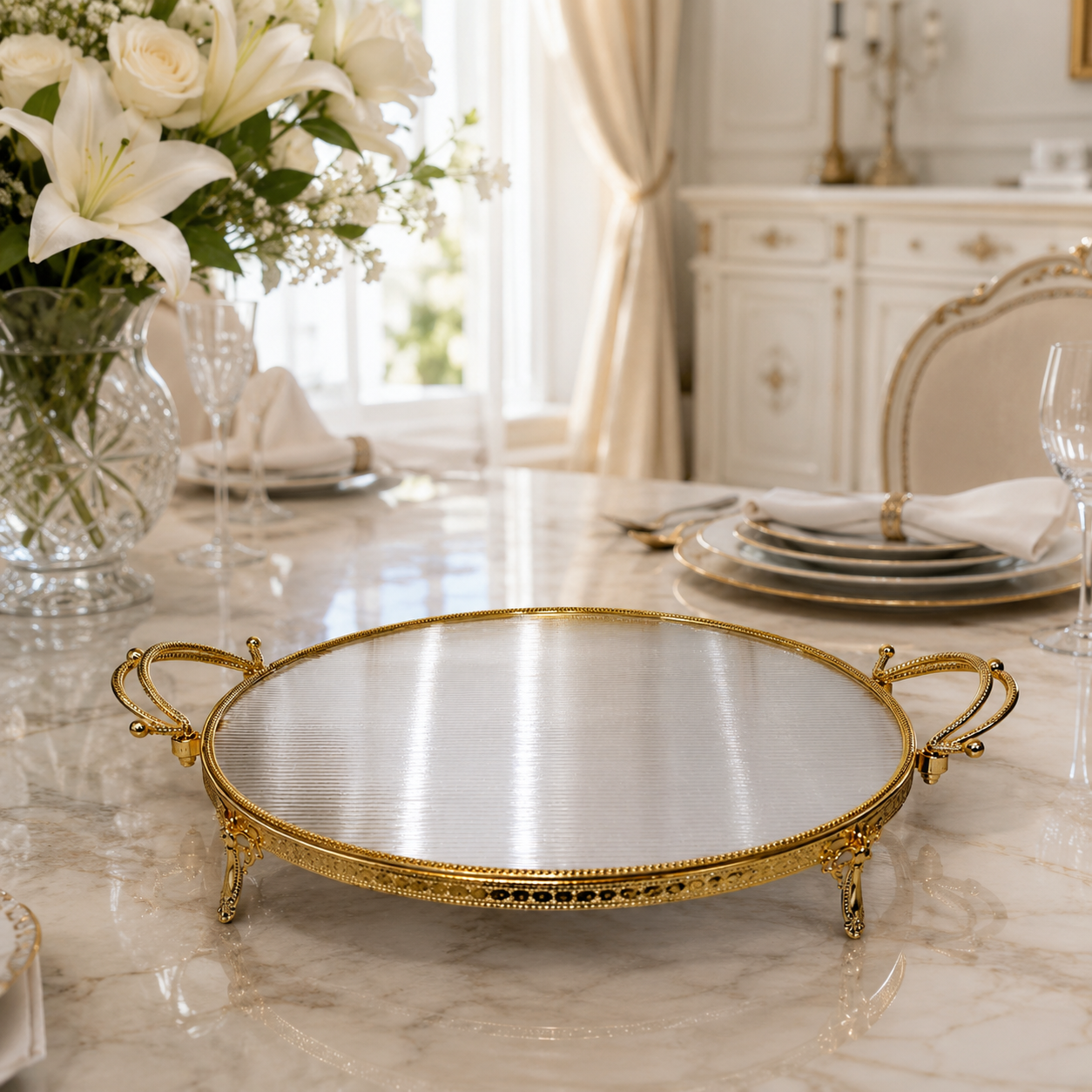 Luxury Round Acrylic Vanity Tray with Gold Handles