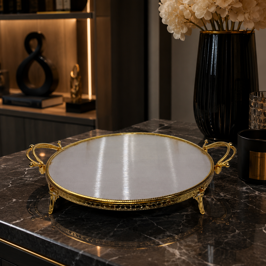 Luxury Round Acrylic Vanity Tray with Gold Handles