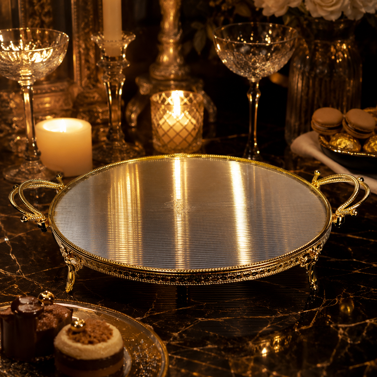 Luxury Round Acrylic Vanity Tray with Gold Handles