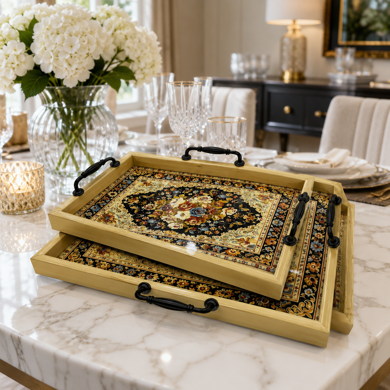Vintage Persian Carpet Pattern Serving Tray Set
