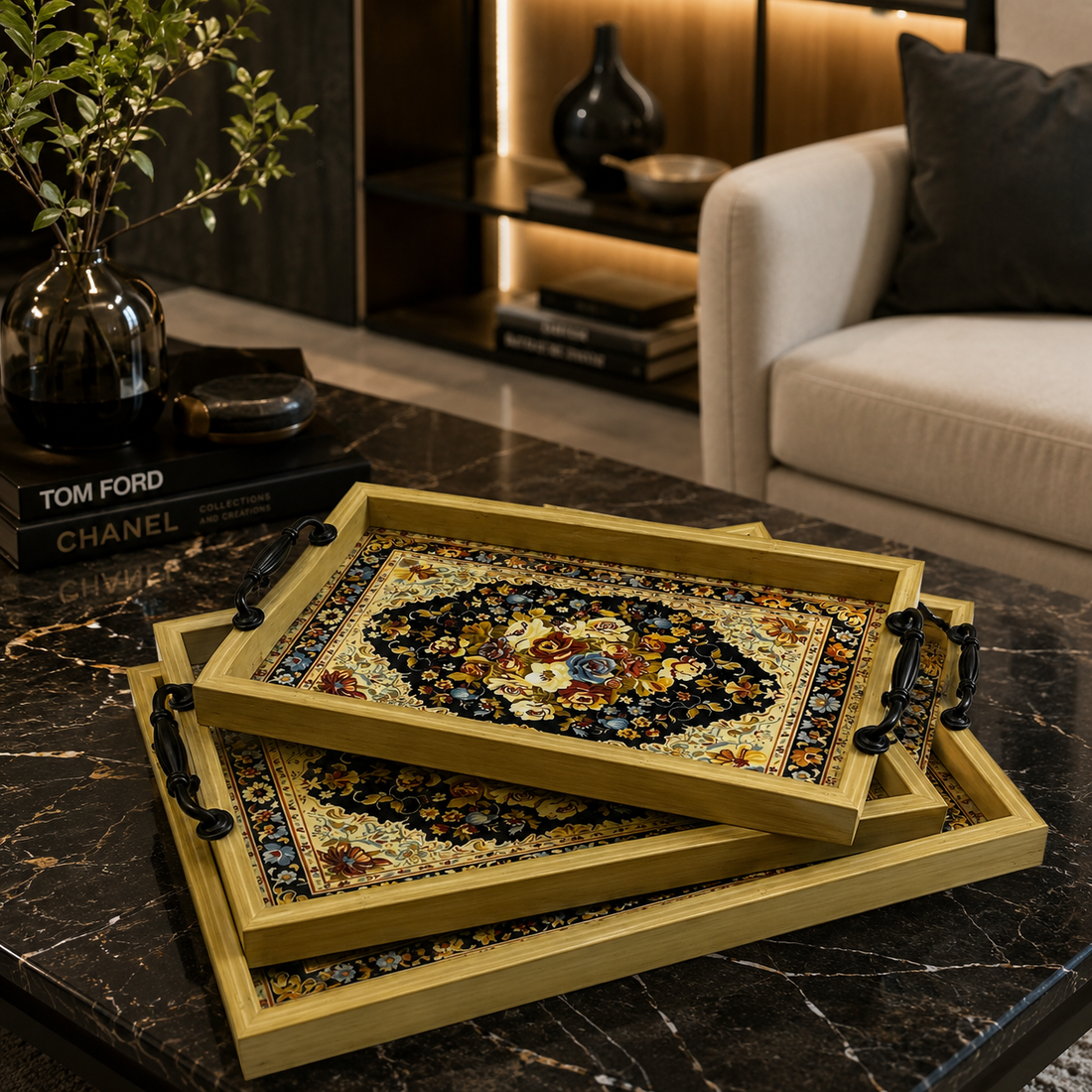 Vintage Persian Carpet Pattern Serving Tray Set