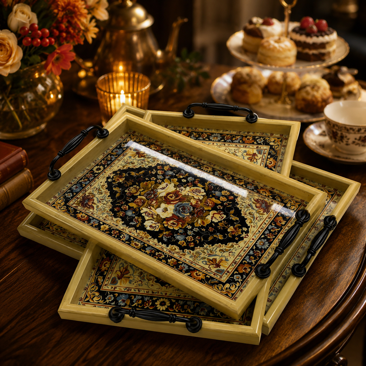 Vintage Persian Carpet Pattern Serving Tray Set