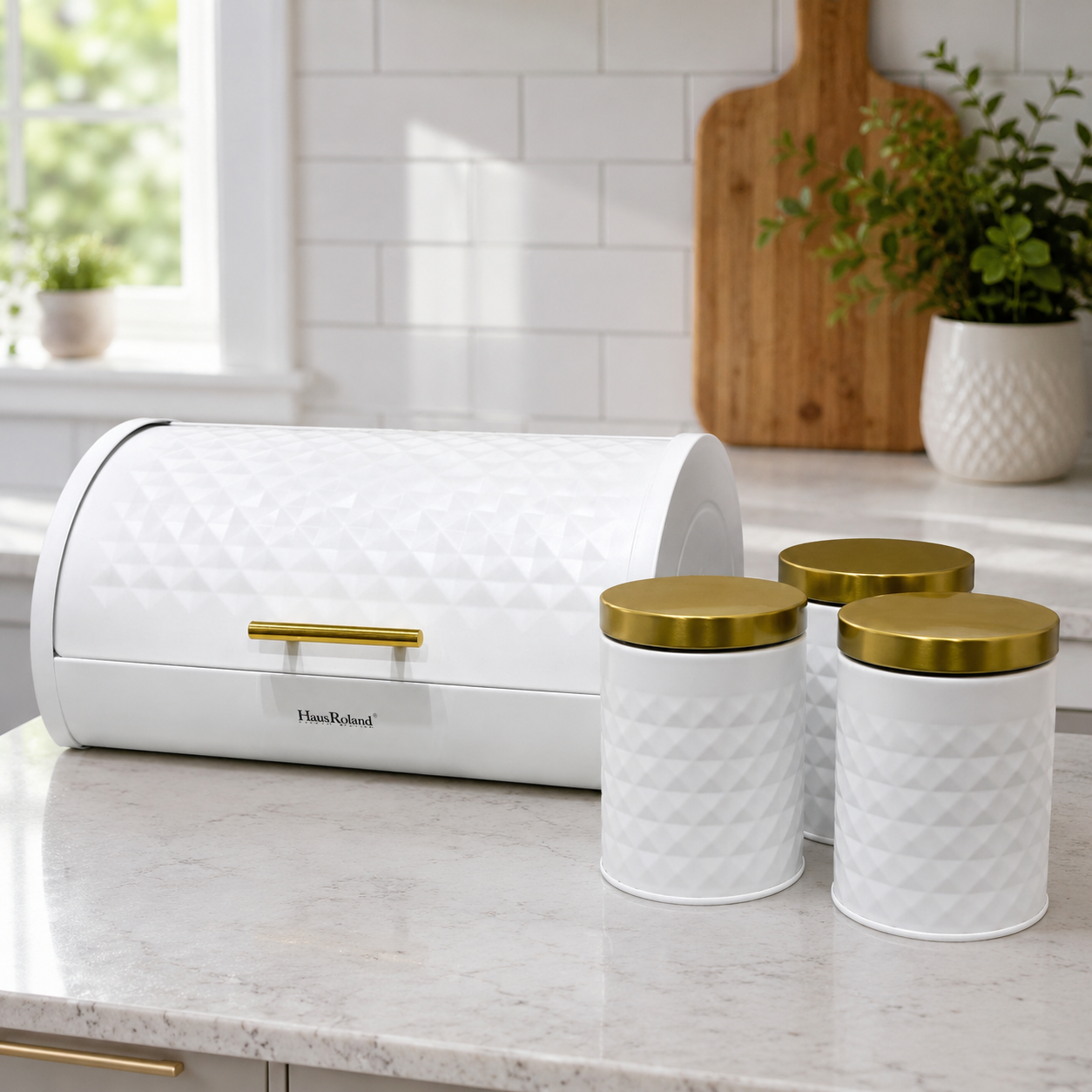 White Diamond Textured Roll Top Bread Box & 3 Matching Tea Coffee Sugar Canisters with Gold Lids