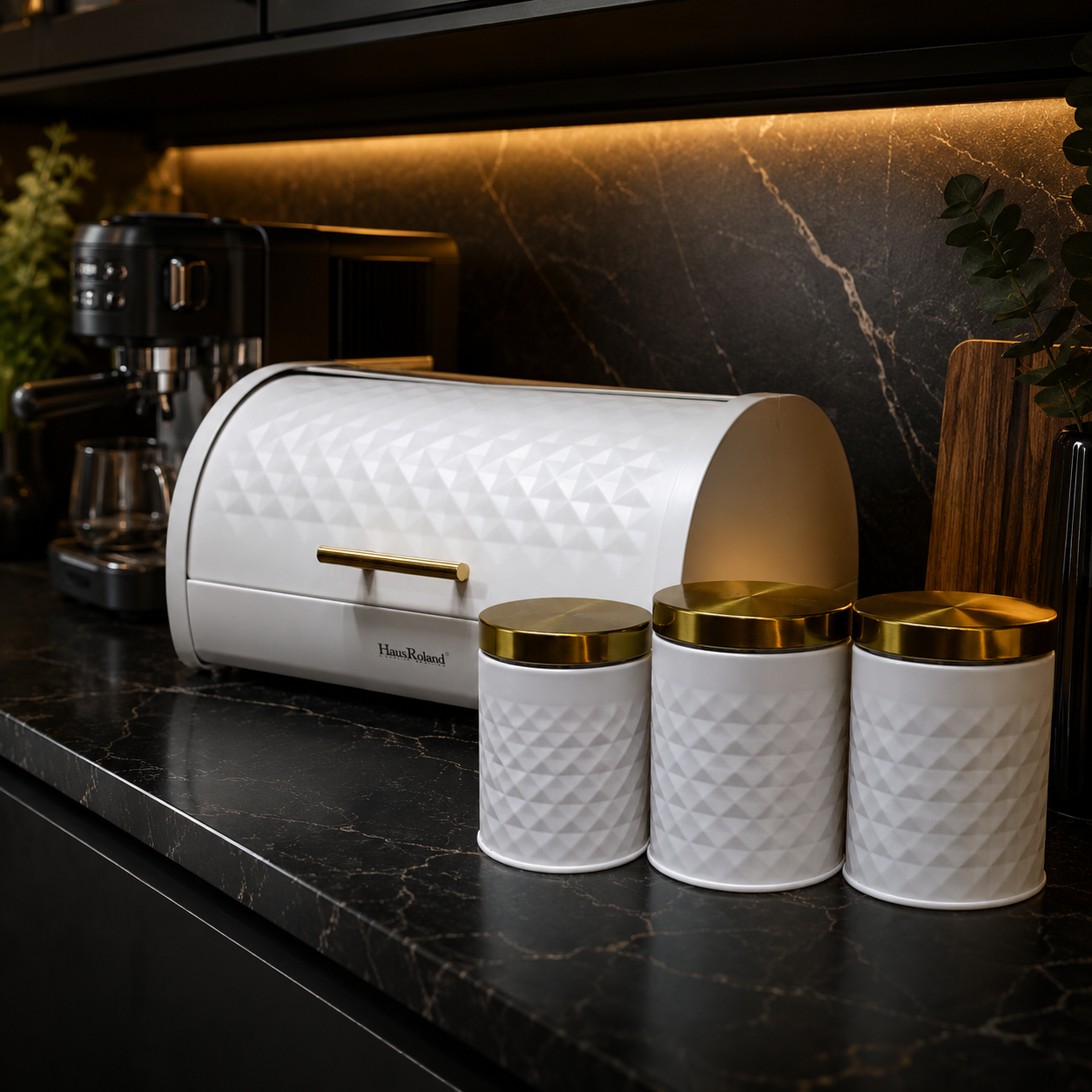 White Diamond Textured Roll Top Bread Box & 3 Matching Tea Coffee Sugar Canisters with Gold Lids