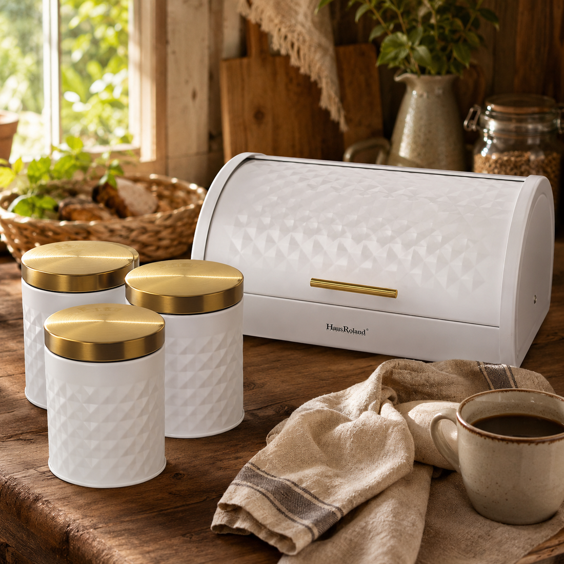White Diamond Textured Roll Top Bread Box & 3 Matching Tea Coffee Sugar Canisters with Gold Lids
