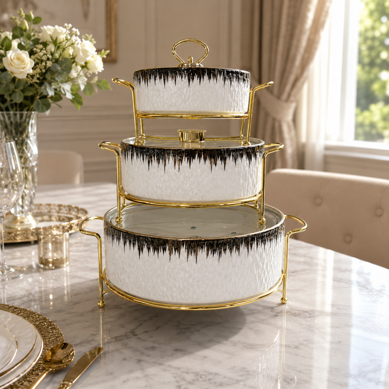 Luxury 3-Piece White & Gold Textured Ceramic Buffet Warmer Set