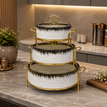 Luxury 3-Piece White & Gold Textured Ceramic Buffet Warmer Set