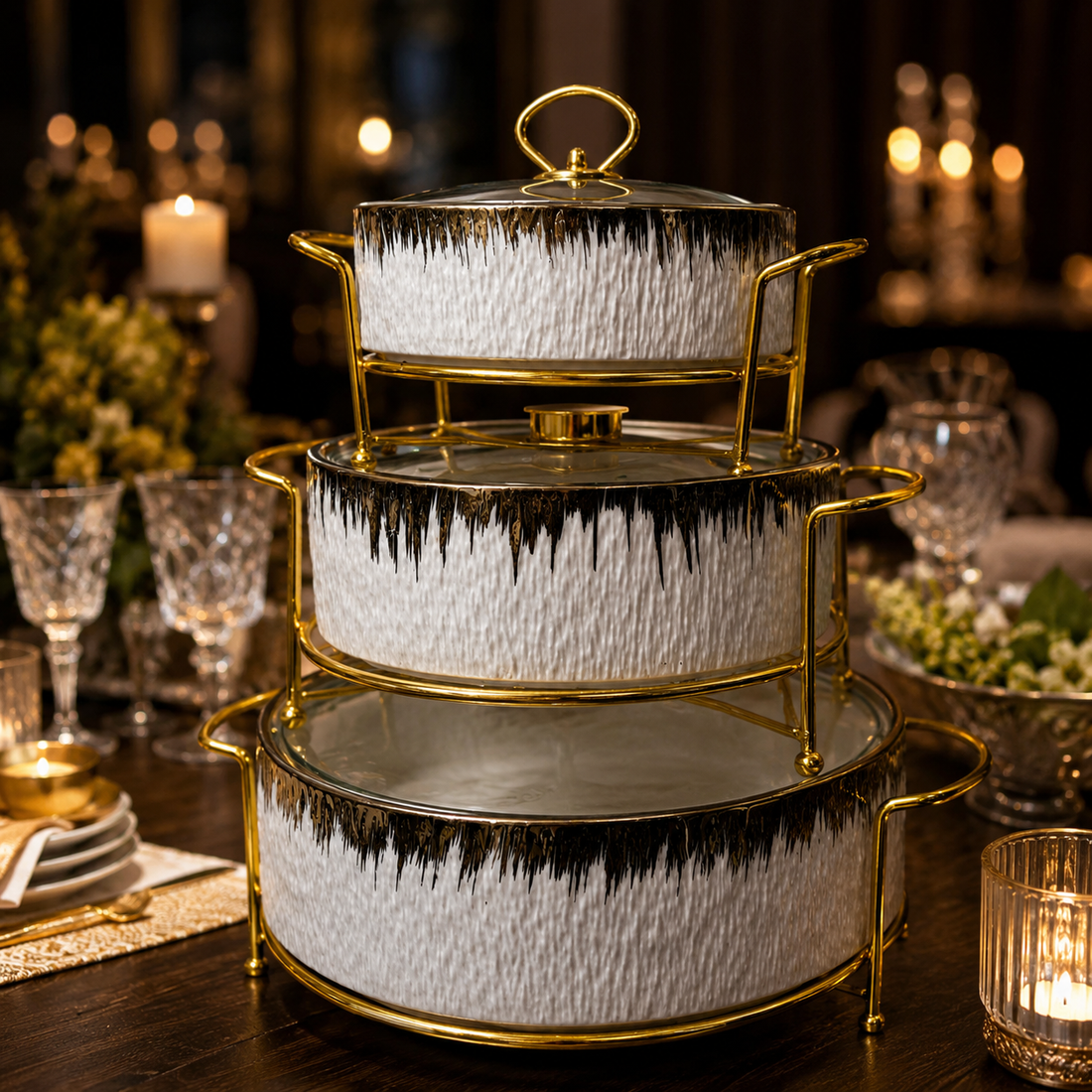 Luxury 3-Piece White & Gold Textured Ceramic Buffet Warmer Set