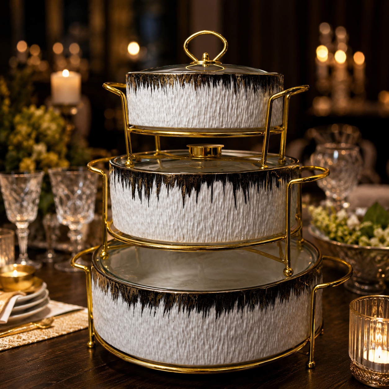 Luxury 3-Piece White & Gold Textured Ceramic Buffet Warmer Set