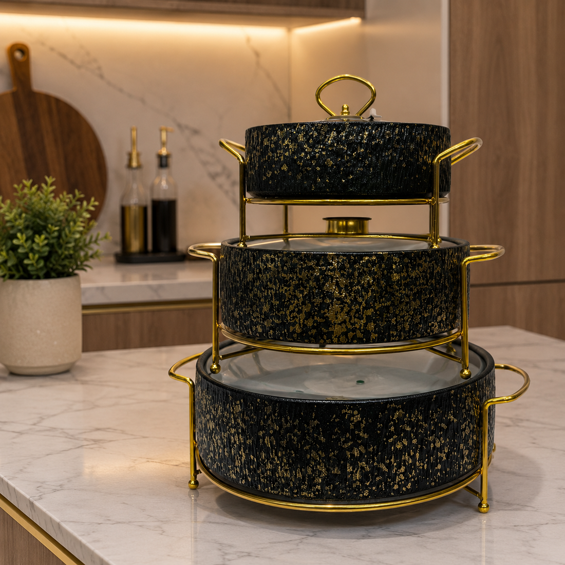 Premium Royal Distress-Textured Black & Gold Chafing Dishes