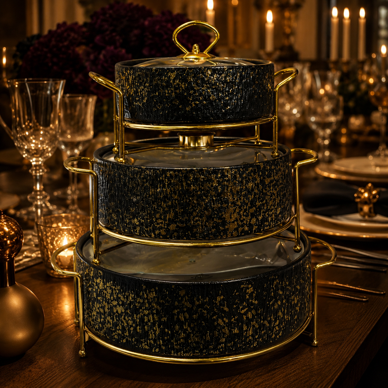 Premium Royal Distress-Textured Black & Gold Chafing Dishes