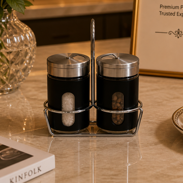 Matte Black & Stainless Steel Spice Jars with Adjustable Pour Holes and Glass Window