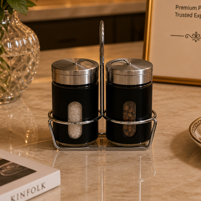 Matte Black & Stainless Steel Spice Jars with Adjustable Pour Holes and Glass Window