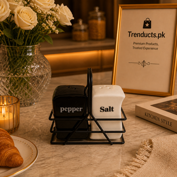 Black and White Salt and Pepper Shaker Set with Holder