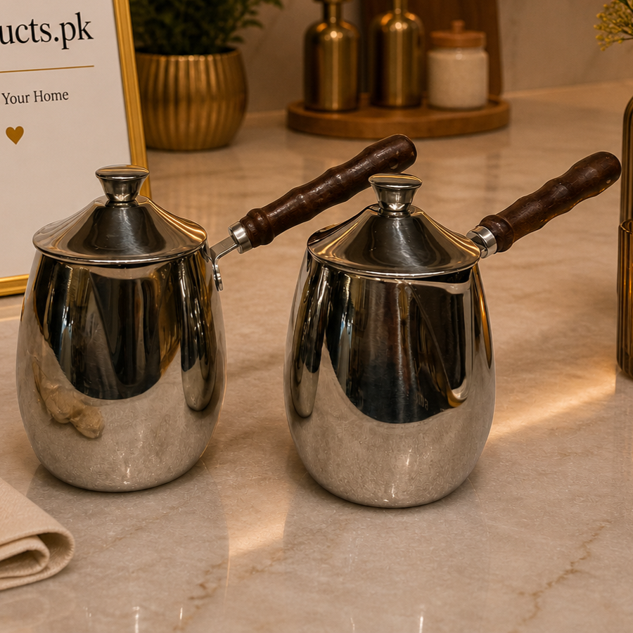 2-Piece Metallic Milk Warmer and Turkish Coffee Pot with Lid