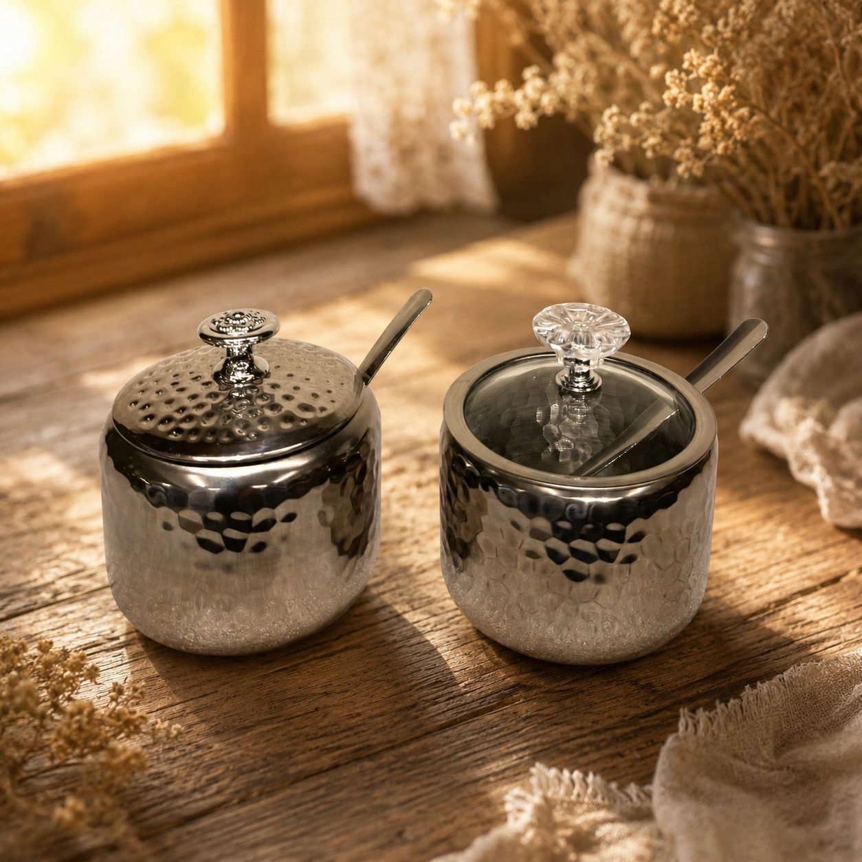 Modern Hammered Stainless Steel Spice & Sugar Pot Set