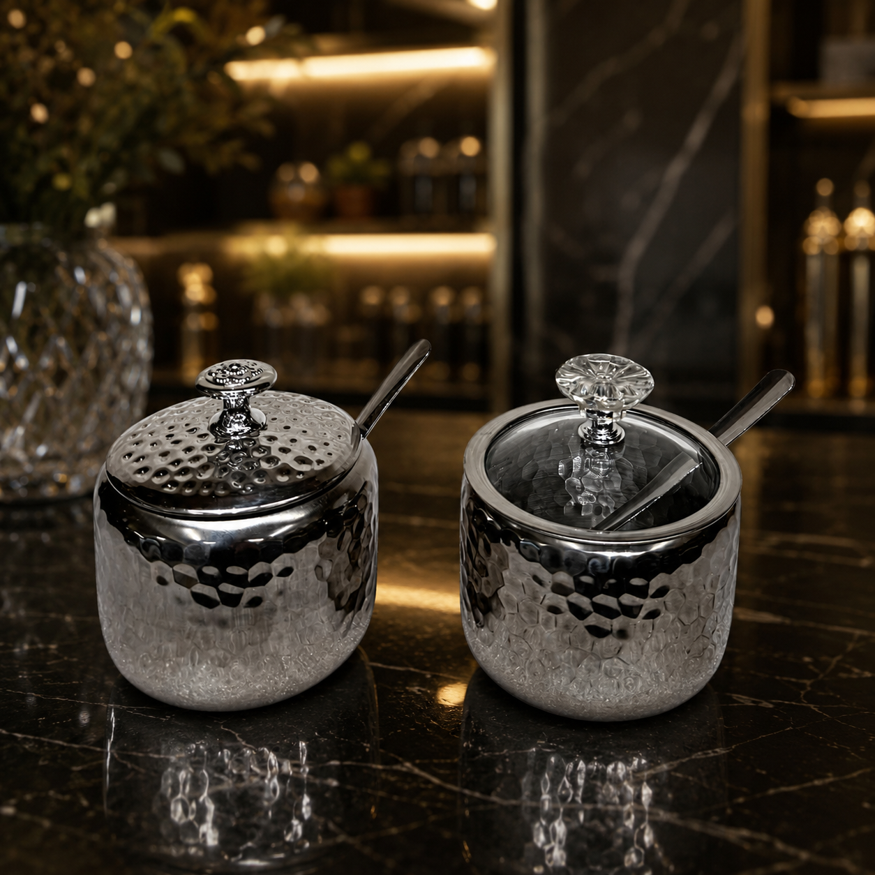 Modern Hammered Stainless Steel Spice & Sugar Pot Set