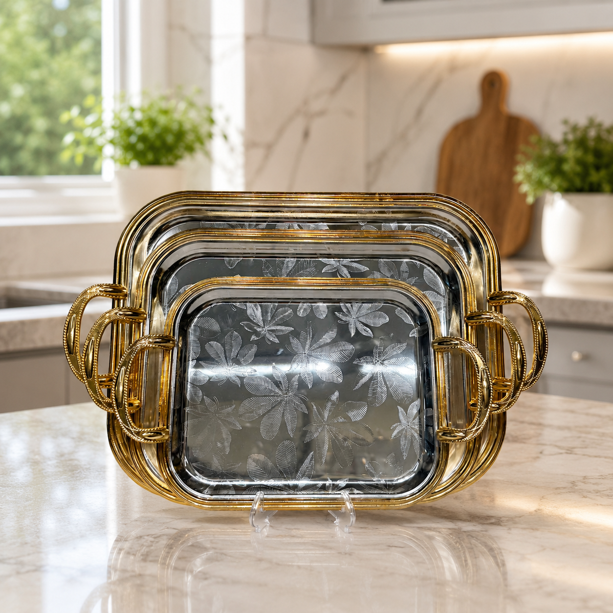 3-Pcs Premium Nesting Platter Set with Gold Trim & Floral Leaf Etching