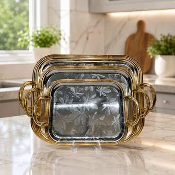 3-Pcs Premium Nesting Platter Set with Gold Trim & Floral Leaf Etching