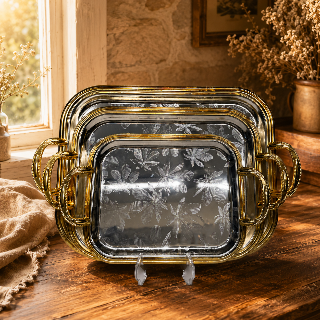 3-Pcs Premium Nesting Platter Set with Gold Trim & Floral Leaf Etching