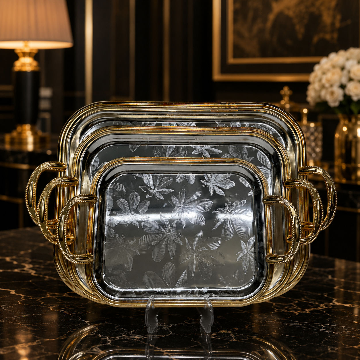 3-Pcs Premium Nesting Platter Set with Gold Trim & Floral Leaf Etching