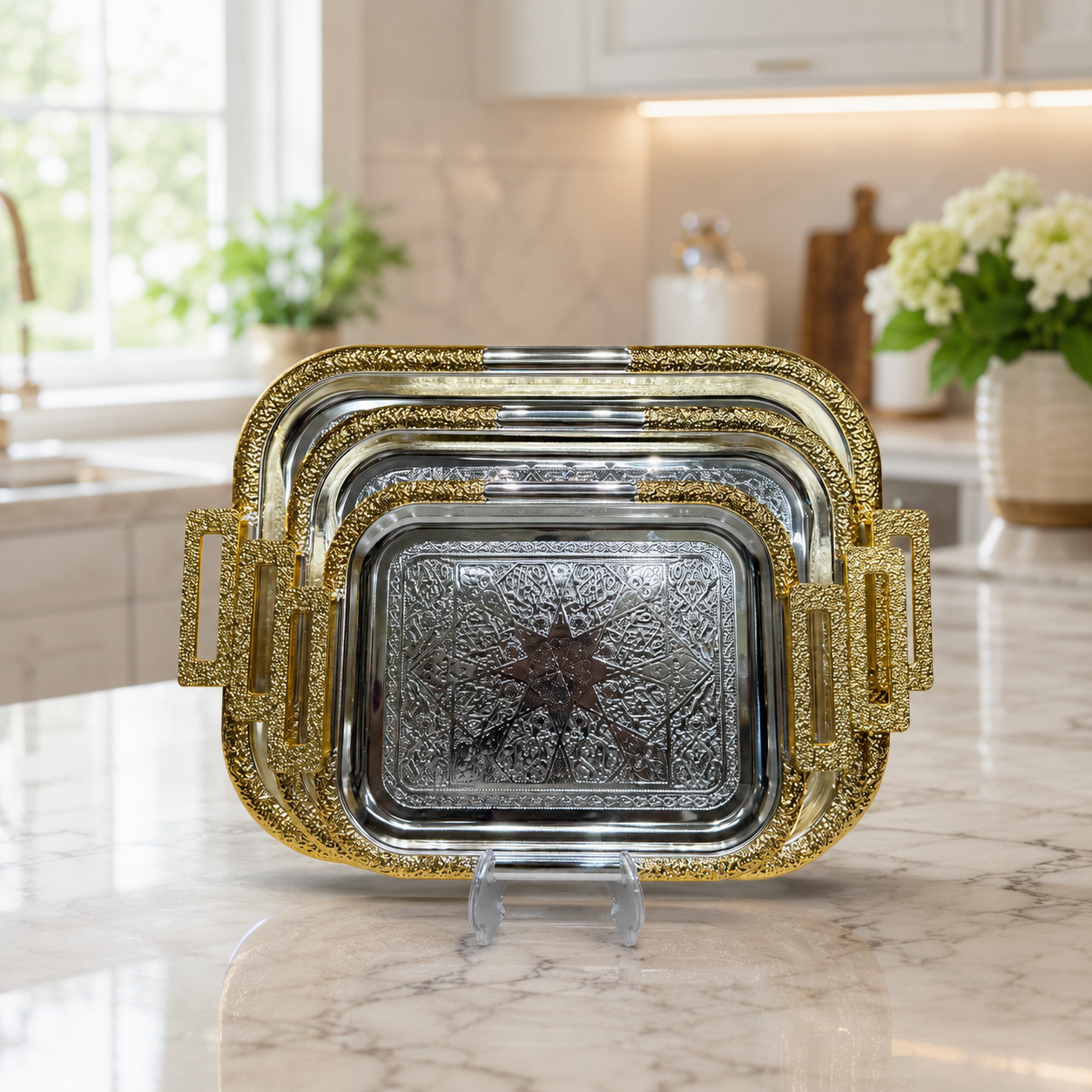 Nesting Metallic Platters with Textured Gold Border and Engraved Star Pattern for Parties and Coffee Table