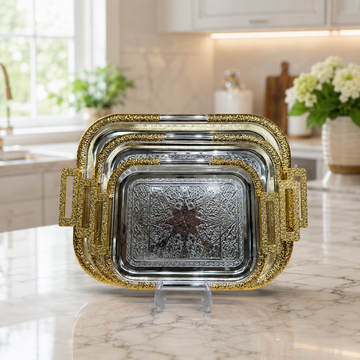 Nesting Metallic Platters with Textured Gold Border and Engraved Star Pattern for Parties and Coffee Table
