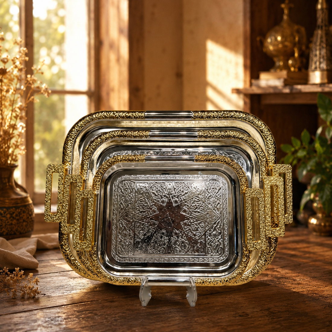 Nesting Metallic Platters with Textured Gold Border and Engraved Star Pattern for Parties and Coffee Table