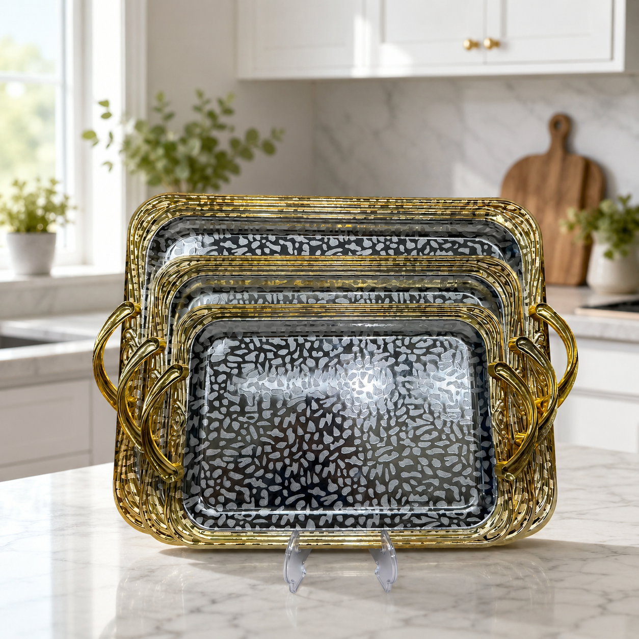 3-Piece Rectangular Serving Tray Set with Gold Handles