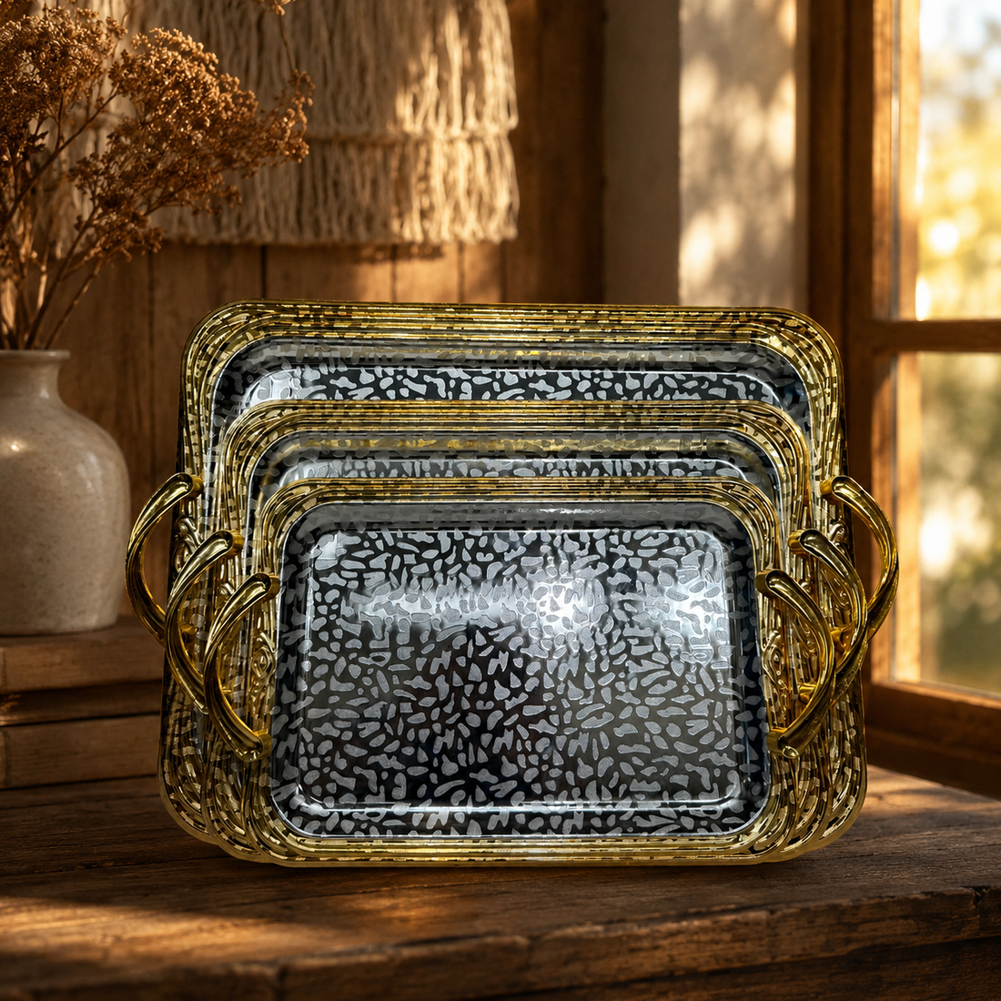 3-Piece Rectangular Serving Tray Set with Gold Handles
