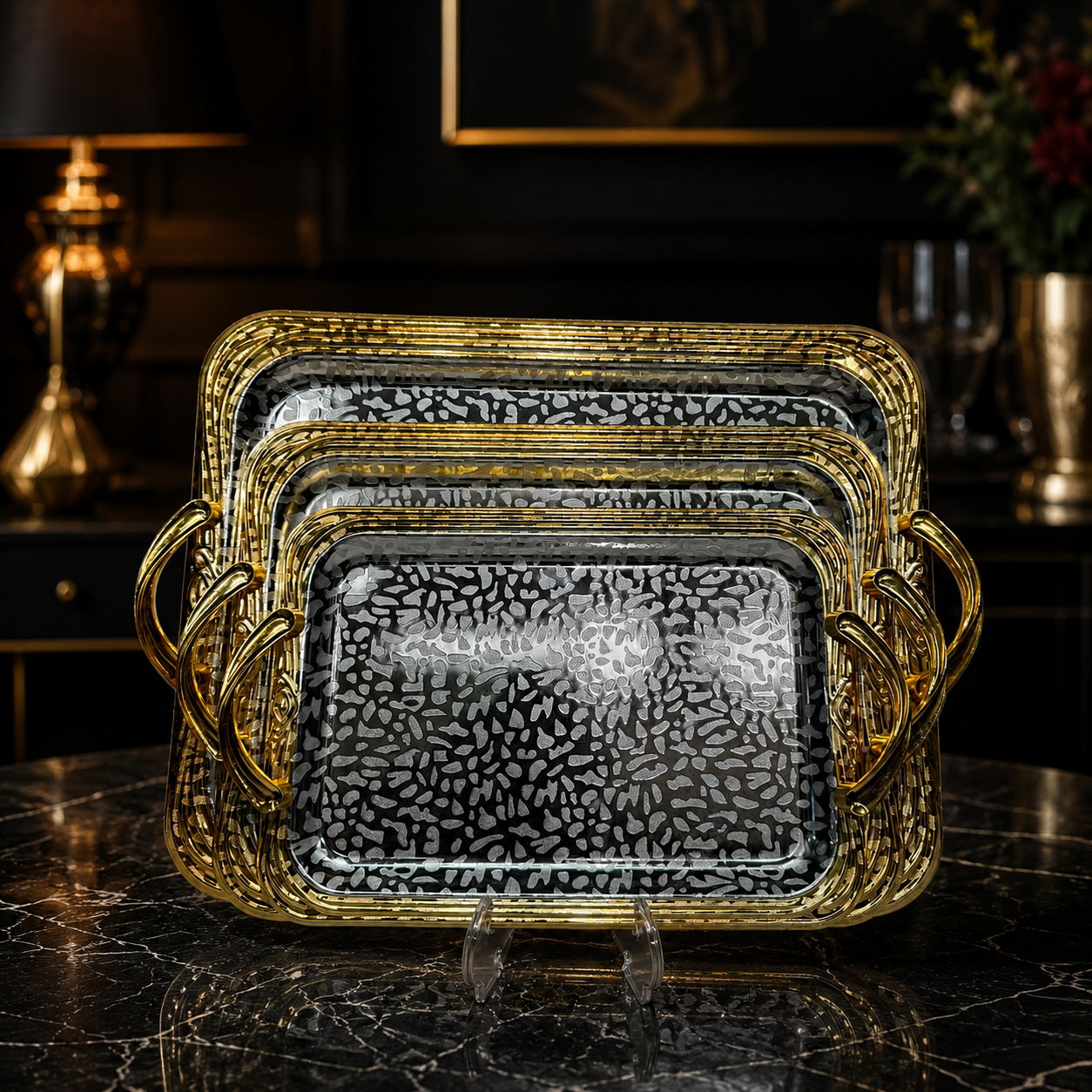 3-Piece Rectangular Serving Tray Set with Gold Handles