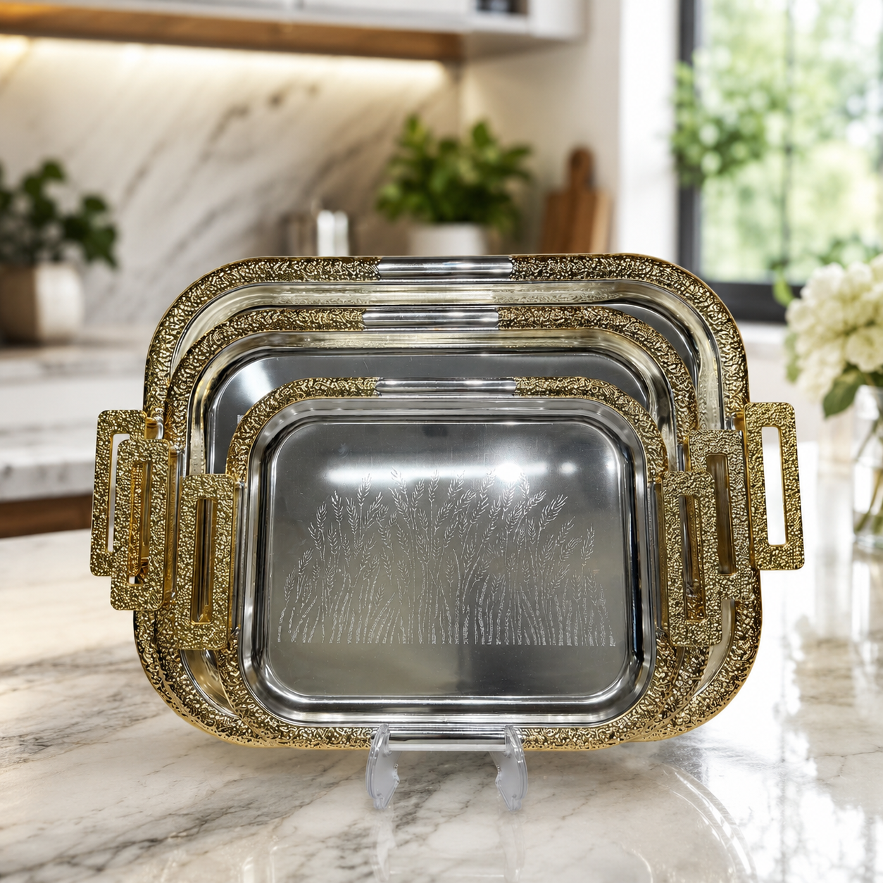 3-Piece Stainless Steel Serving Tray Set with Gold Handles