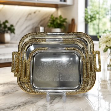 3-Piece Stainless Steel Serving Tray Set with Gold Handles