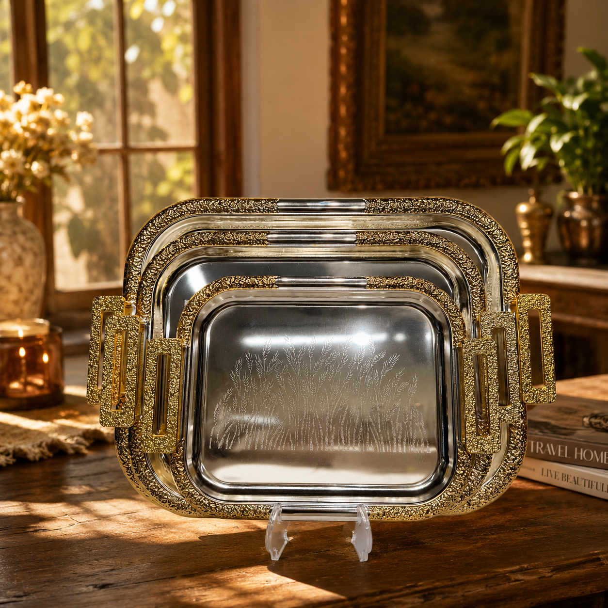 3-Piece Stainless Steel Serving Tray Set with Gold Handles
