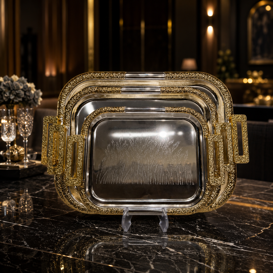 3-Piece Stainless Steel Serving Tray Set with Gold Handles
