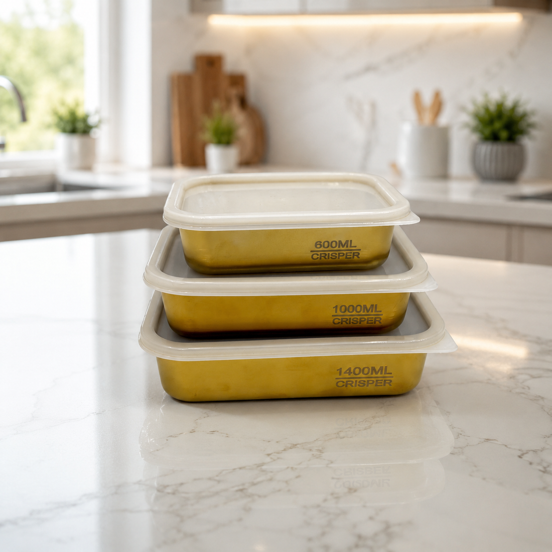 Premium 3-Piece Gold Stainless Steel Crisper Set