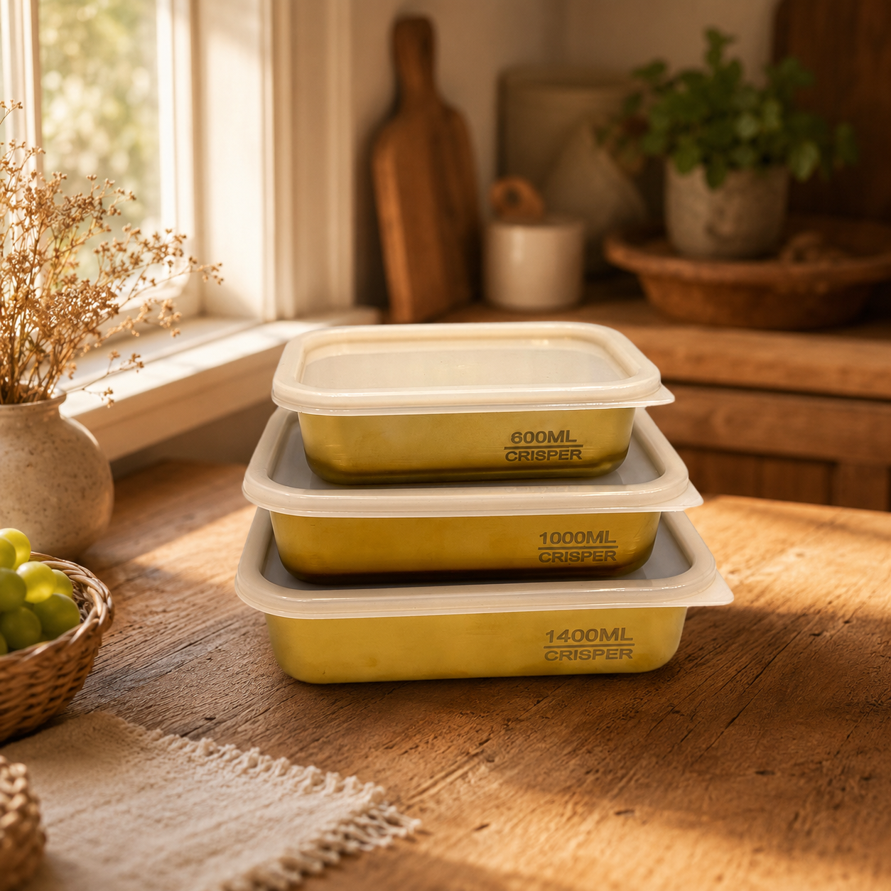 Premium 3-Piece Gold Stainless Steel Crisper Set