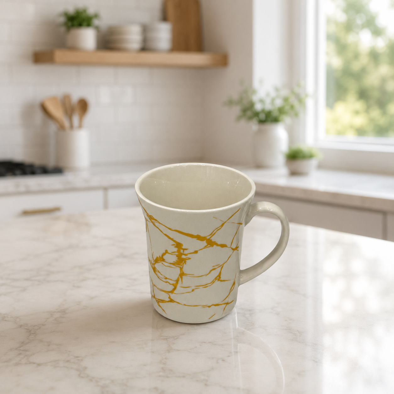Elegant White Porcelain Tea Cup with Gold Veining