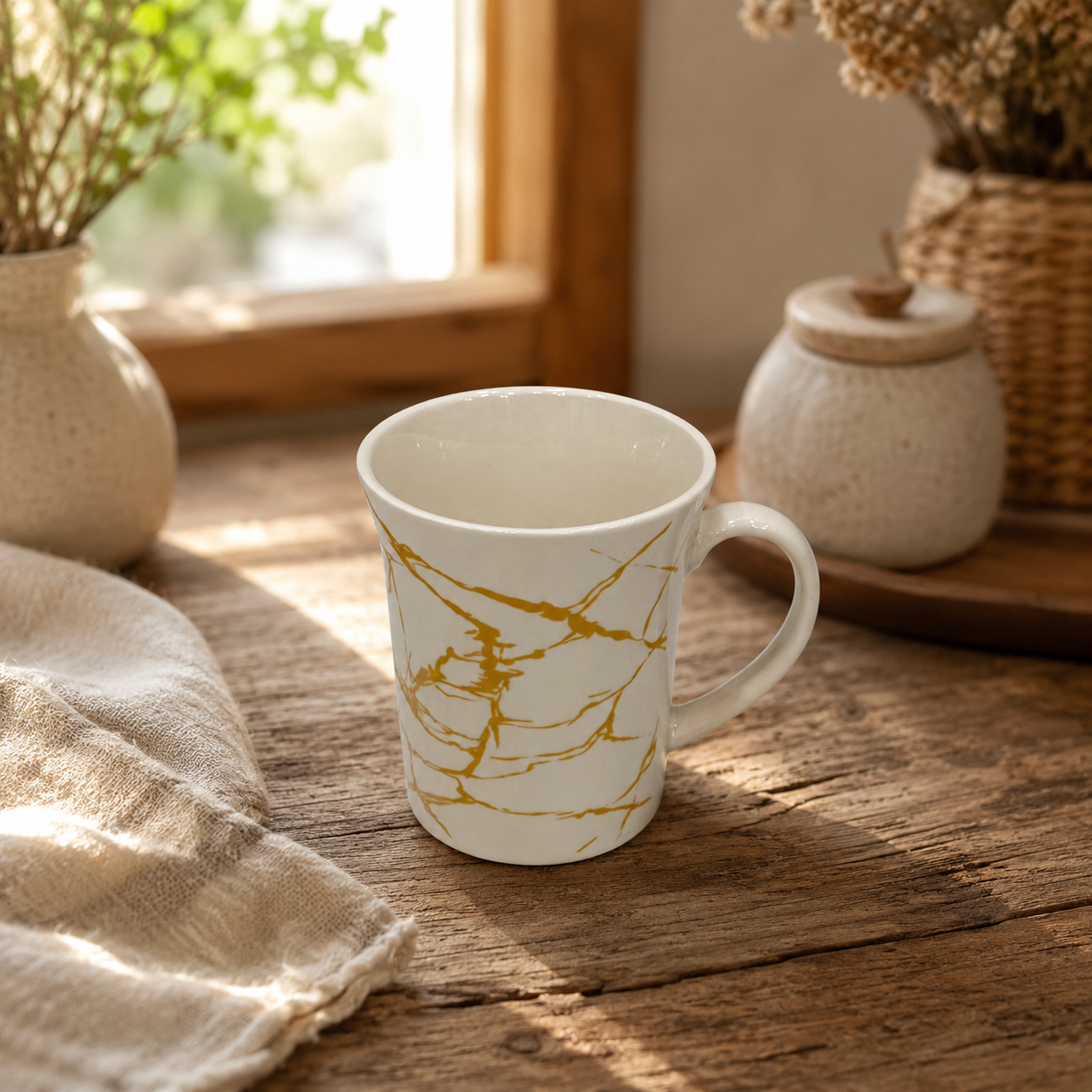 Elegant White Porcelain Tea Cup with Gold Veining