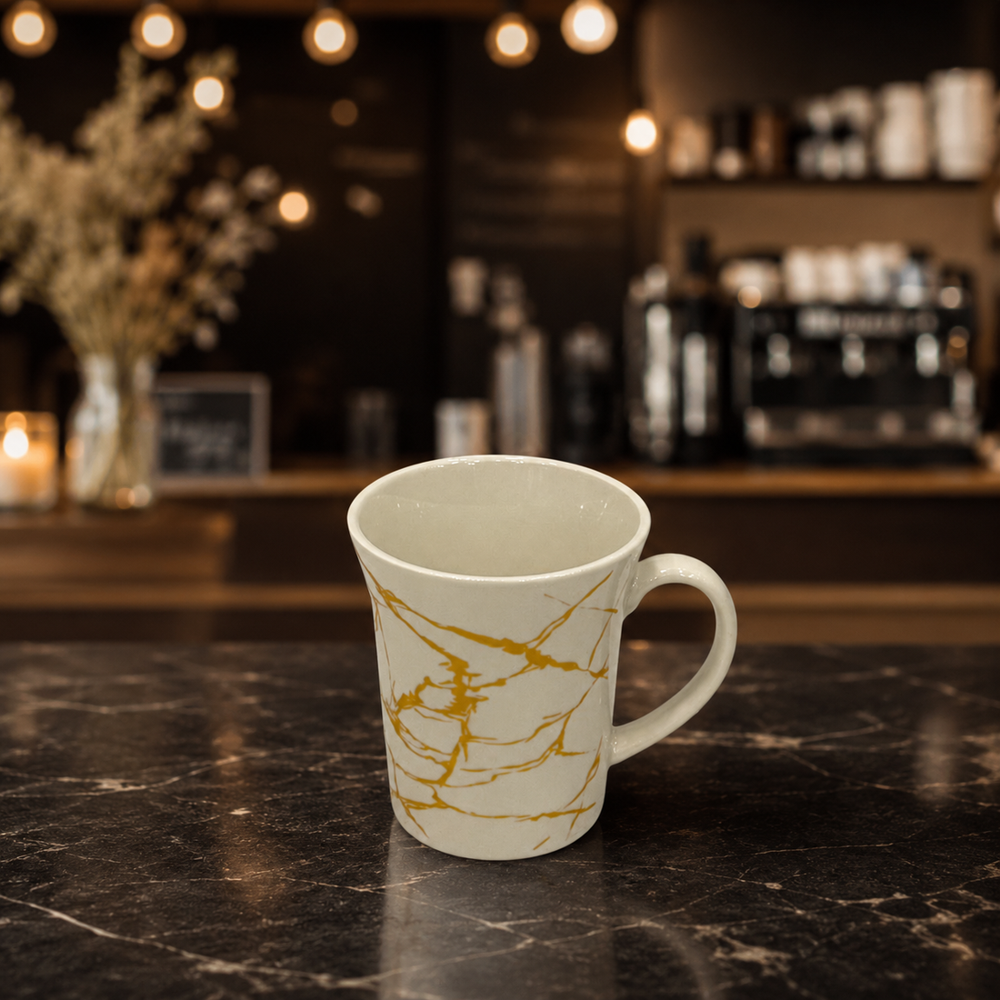 Elegant White Porcelain Tea Cup with Gold Veining