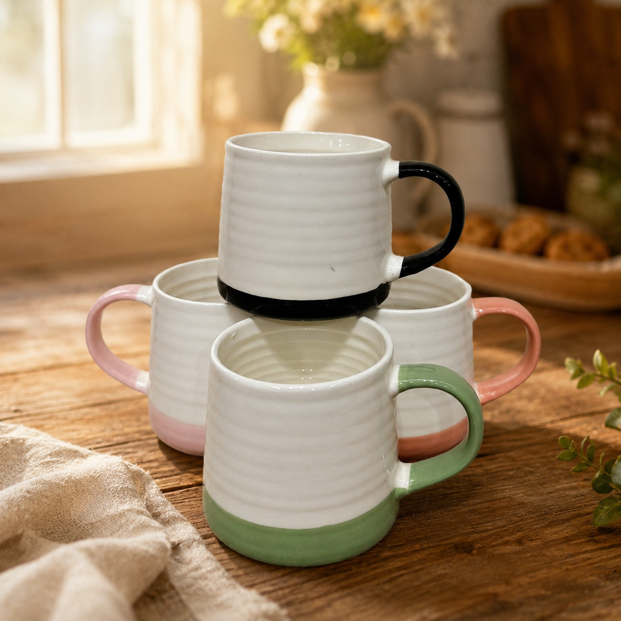 Textured Ribbed Tea Cups with Color Dipped Base