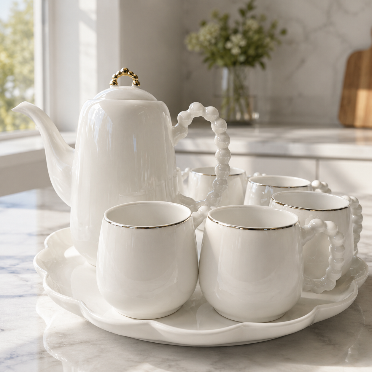 Luxury Smooth White Ceramic Tea Set with Beaded Handles and Scalloped Tray